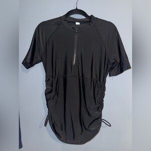 Black Ruched Short Sleeve Top with Zip